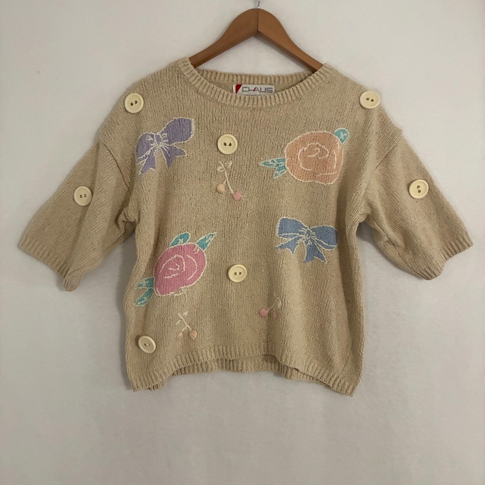 Vtg Chaus Knit Silk Blend Sweater Womens Size S Embroidered Cottage Artsy Floral